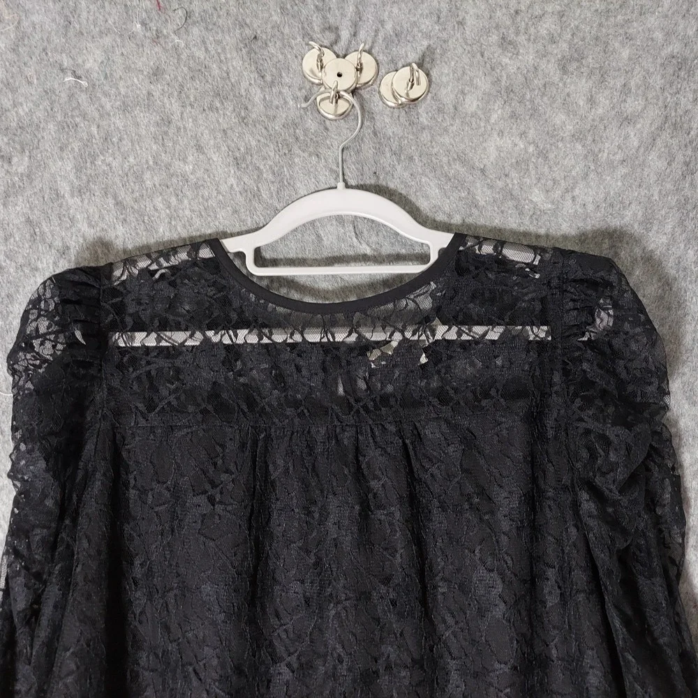 Loft Women Lace Blouse 8 Black Gothic Long Sheer Puff Sleeve Floral lined Top